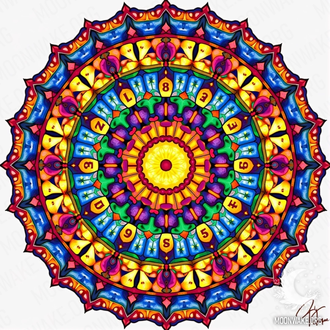 Colorful mandala with numbers and lunar symbols