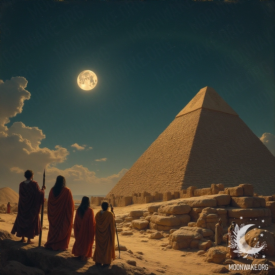 Priests and astronomers observing the moon from the top of a temple
