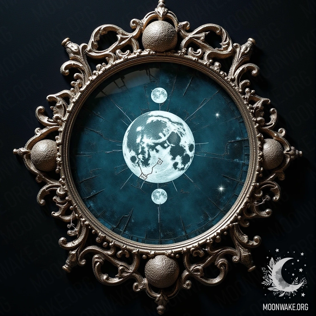 A shattered mirror with lunar symbols