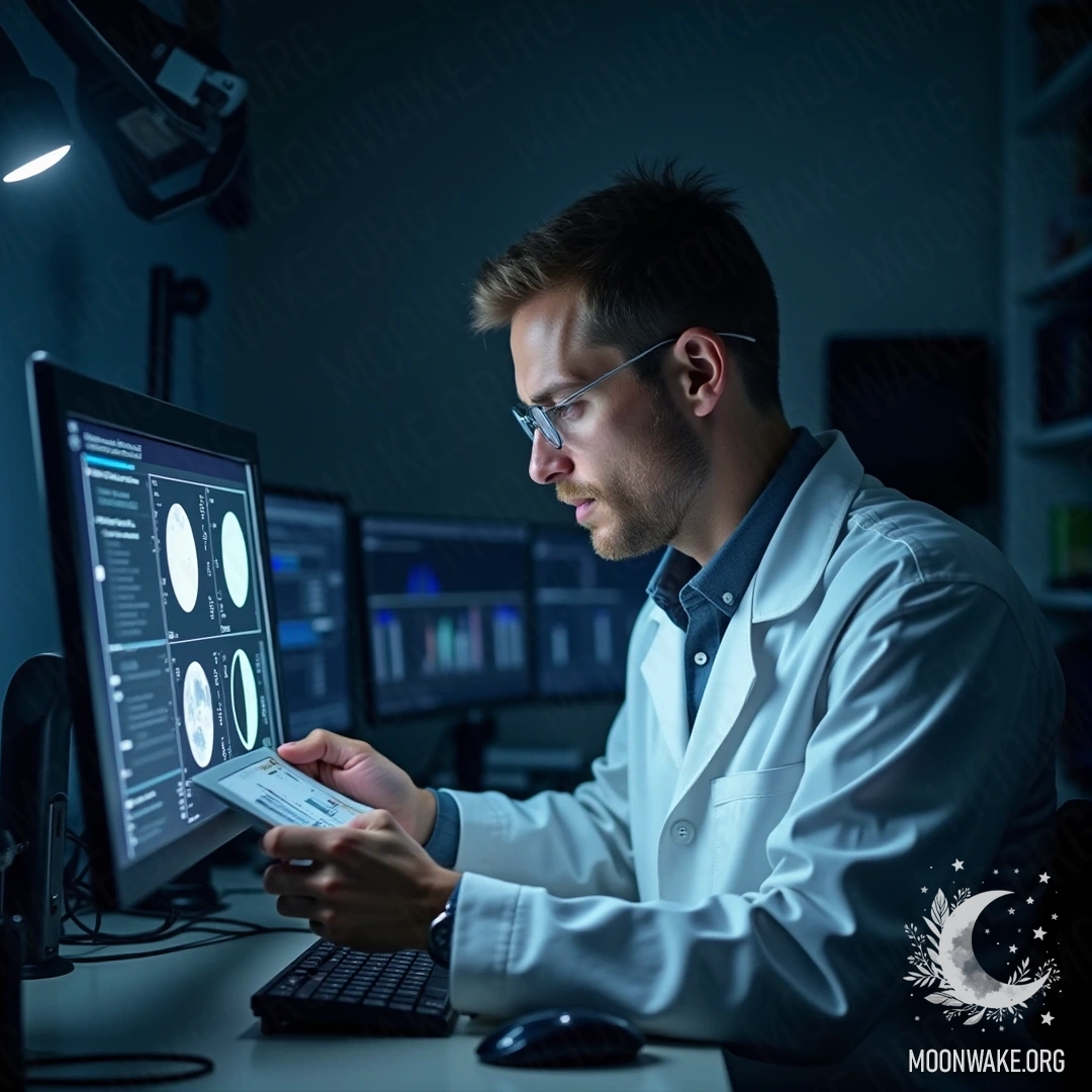A scientist at a monitor with lunar charts