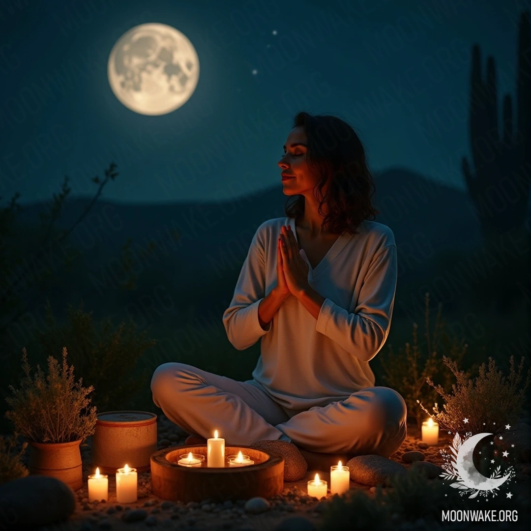 A woman with herbs and candles under moonlight